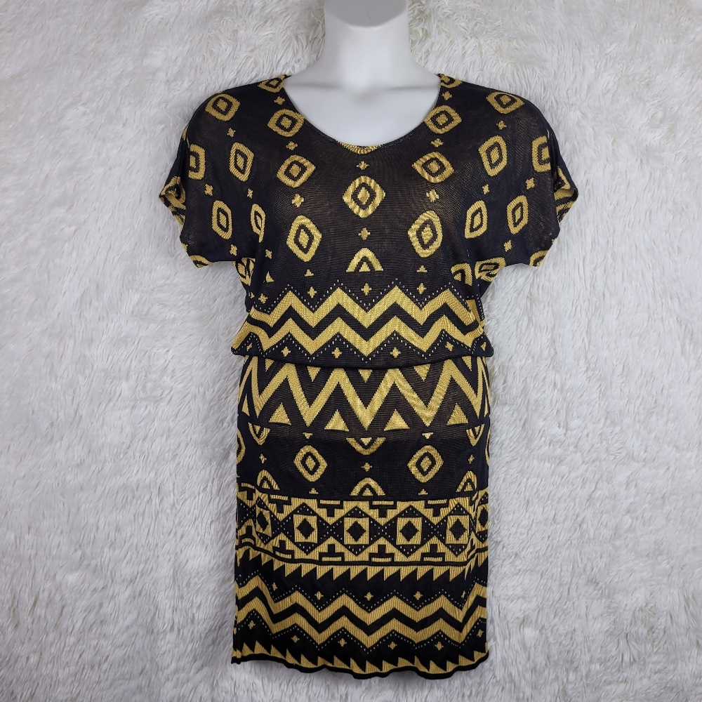 Brenda French Size 1 Hand Loomed Gold Black Geometric Knee Length Dress